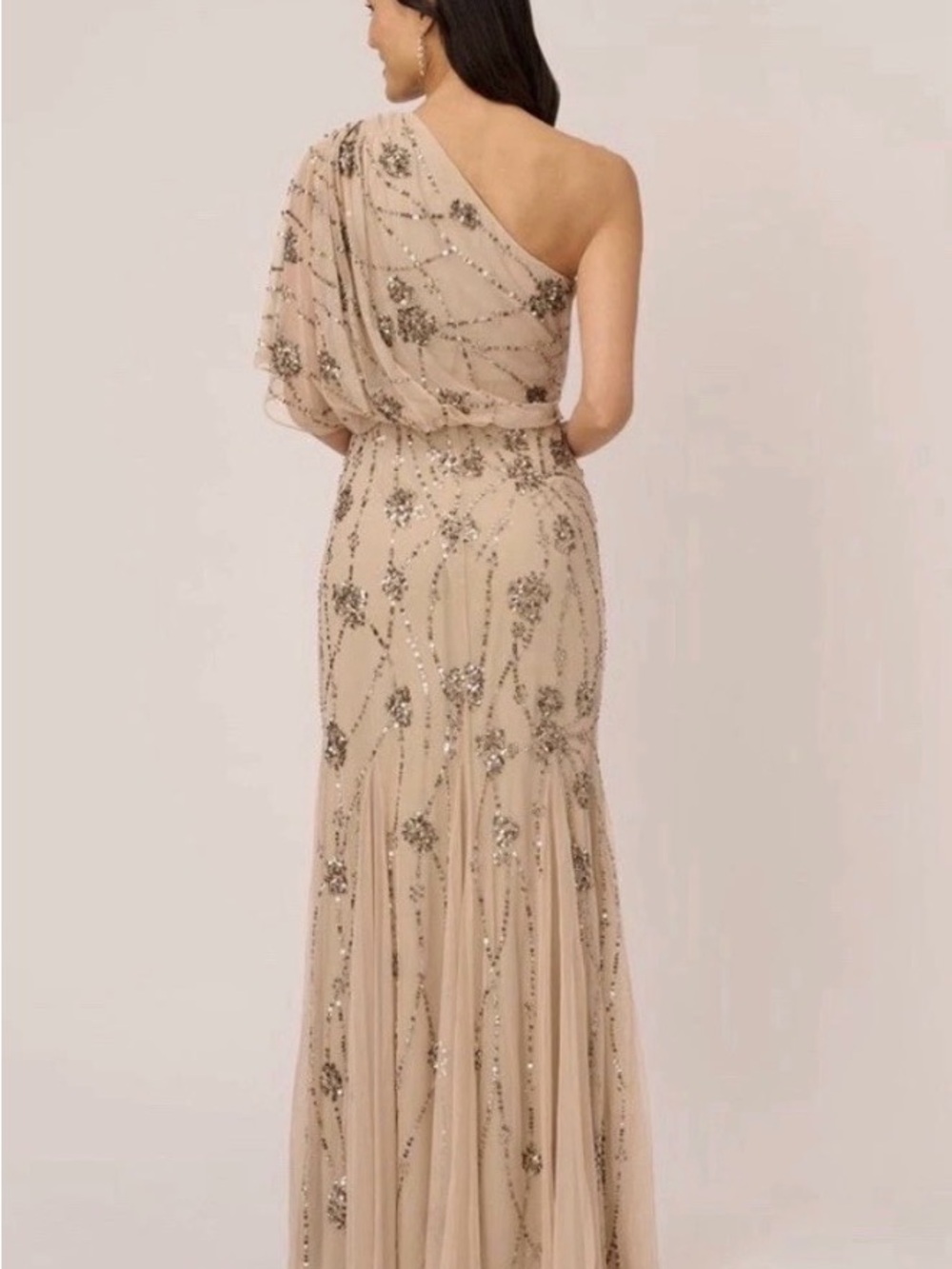 One-Shoulder Champagne Beige Beaded Evening Gown